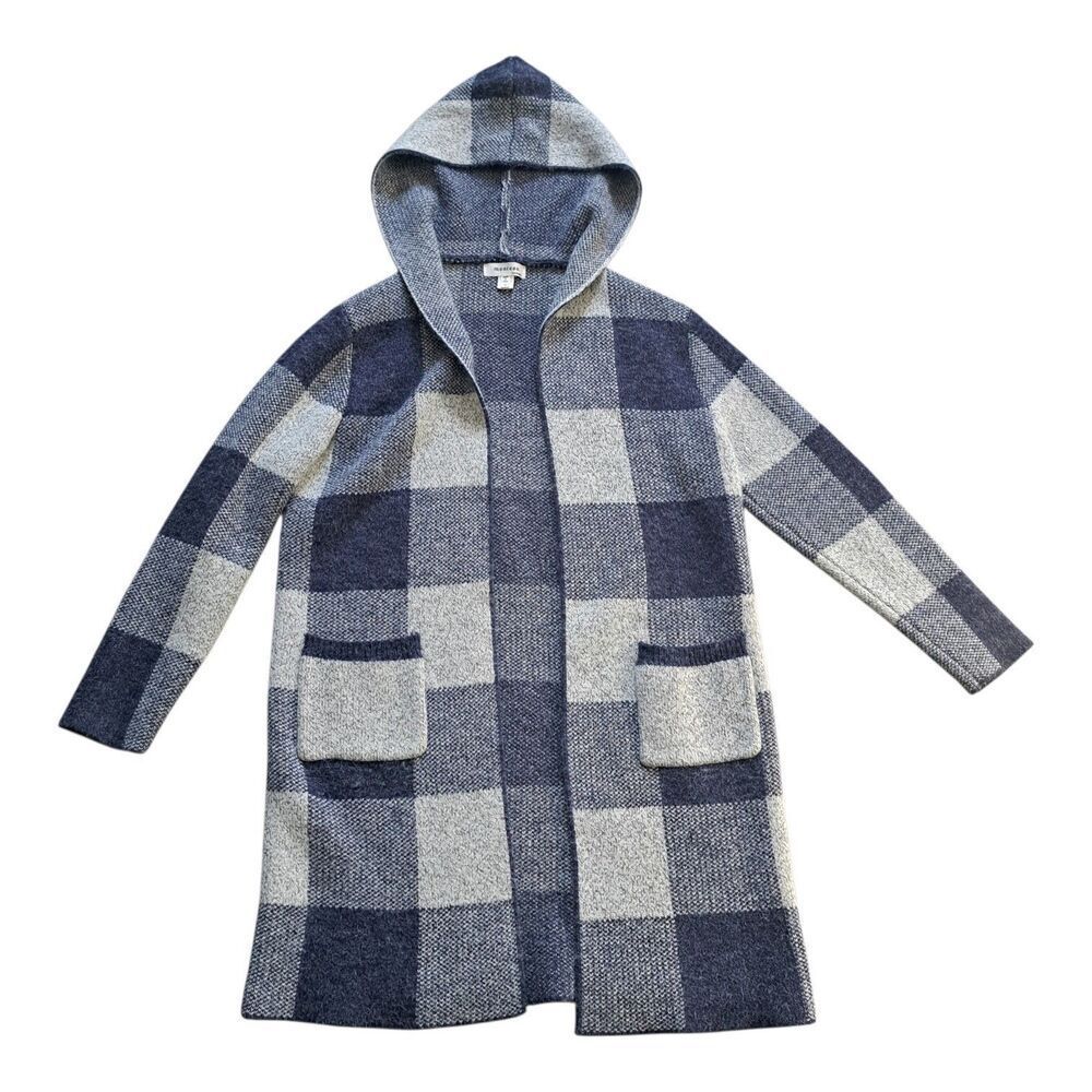 Monteau  Plaid Open Front Long Cardigan Hooded  Preppy Coastal Sweater Small